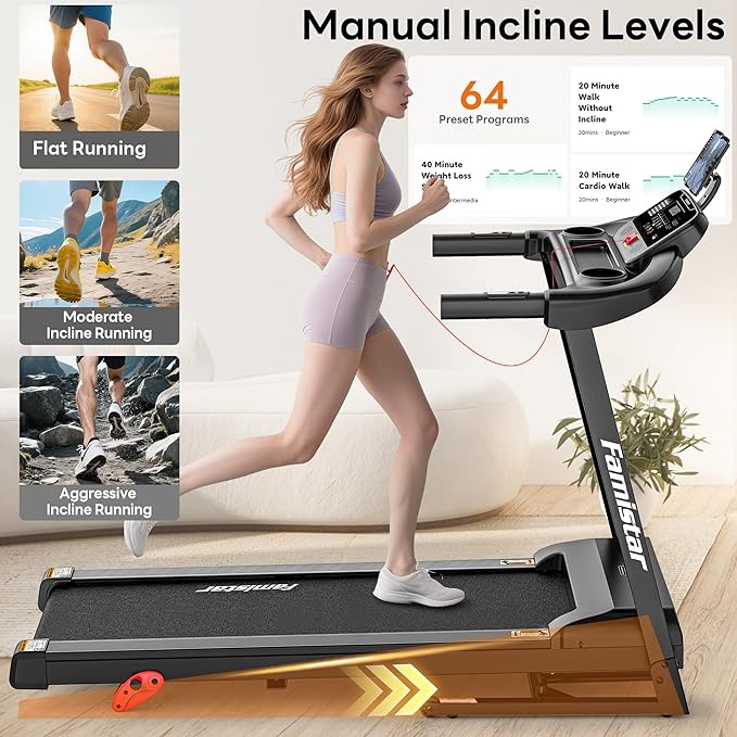 Treadmill with Incline for Home, Folding Treadmill with 400LBS Capacity, 7.5MPH or 10MPH, 16'' or 18'' Wide Belt, 64 Programs, APP Control, Shock Absorption, Home & Office