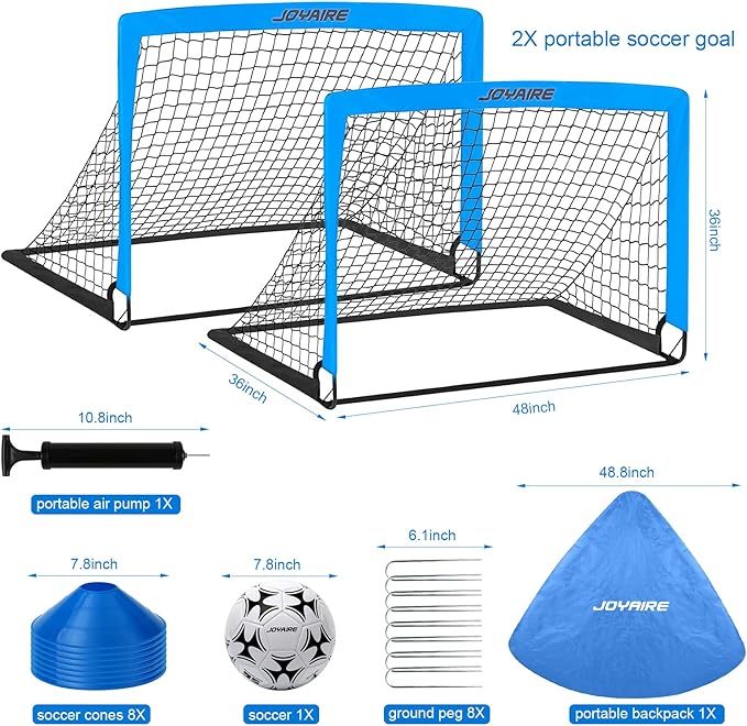 Kids Soccer Goals for Backyard Set, Portable Toddler Soccer Goal 2 of 4x3 ft, 6x4 ft, 7x5 ft, Soccer Training Equipment, Pop Up Soccer Net Kit with Size 4 Soccer Ball, Youth Games, Outdoor Sports Play