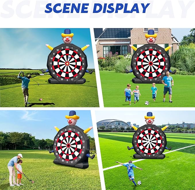 13FT Giant Inflatable Soccer Dart Board with Built-in Blower - Clown Themed Sport Kick Dartboard Perfect for Adults Family Parties,Carnival, Includes 8 Golf Balls, 2 Telescoping Club, 2 Soccer Balls