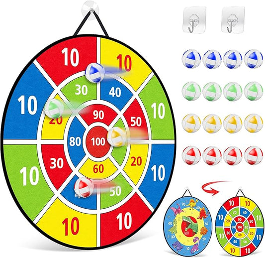 TOMYOU 26" Dart Board for Kids with 16 Sticky Balls, Double Sided Dinosaur Dart Board, Indoor Outdoor Party Games Toys, Birthday Toys Gift for Age 5 6 7 8 9 10 11 12 Year Old Boys Girls