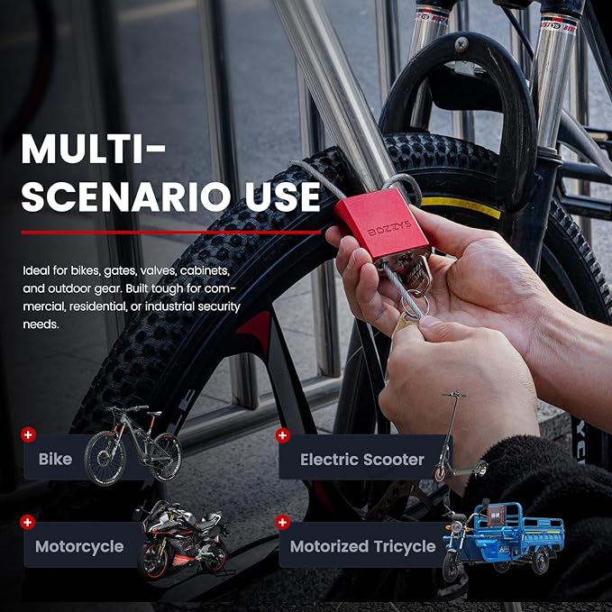 Adjustable Cable Padlock with 3 Keys | L 1.15ft x D 1/6in Aluminum Steel Cable Locks for Bikes, Gate, Lockers & Outdoor Gear | Keyed Different & Silver