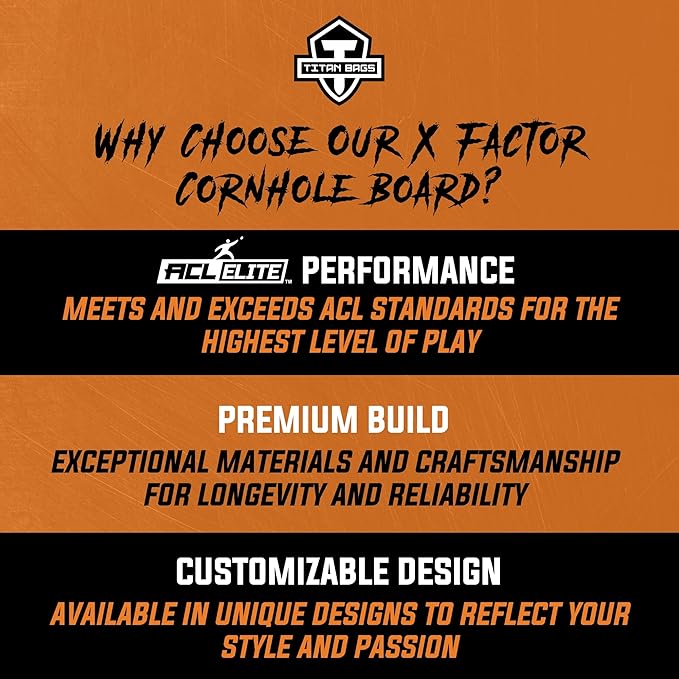 Titan Bags X Factor Cornhole Boards - ACL Elite Approved Cornhole Board Set w/Patent Pending X Underside Bracing for Maximum Durability - Regulation Size for Professional & Outdoor Sports Game