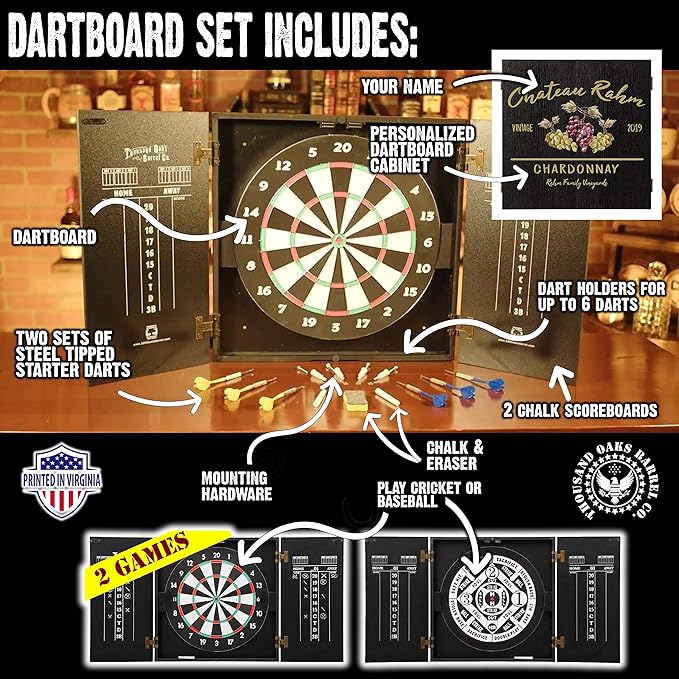 THOUSAND OAKS BARREL CO. | Personalized Dartboard & Cabinet Set with 6 Steel Tip Darts