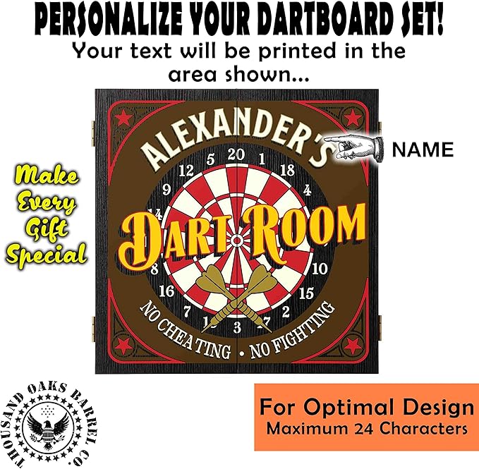 THOUSAND OAKS BARREL CO. | Personalized Dartboard & Cabinet Set with 6 Steel Tip Darts