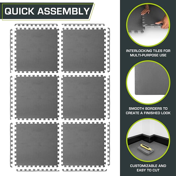 ProsourceFit Extra Thick Puzzle Exercise Mat , EVA Foam Interlocking Tiles for Protective, Cushioned Workout Flooring for Home and Gym Equipment, Grey - 3/4 inch - 24 Sq Ft - 6 Tiles