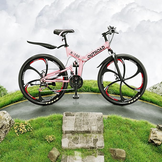 Outroad Folding Mountain Bike Foldable/Unfoldable Bike 26 Inch for Adult, 21-Speed Dual Suspension High-Carbon Steel MTB Foldable Bicycle, Dual Disc Brake Folding Bikes for Women and Men