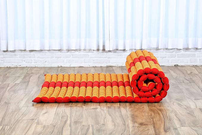 Leewadee - Kapok Roll Mat – Handcrafted Folding Sleep & Relaxation Mattress from Thailand, Ideal as Guest Bed, Camping Mat, Yoga Mat or Traditional Futon, 75 x 39 inches, Orange Red