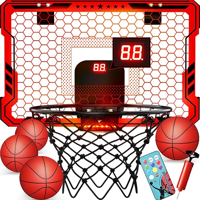 ropoda Indoor Basketball Hoop, Mini Hoop with Remote Controll, 7 LED Lights, 3 Modes Scoreboard, Mini Hoop with 4 Balls Over The Door, Basketball Hoop Indoor, Toys Gifts for Kids Adults