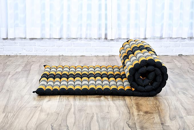Leewadee - Kapok Roll Mat – Handcrafted Folding Sleep & Relaxation Mattress from Thailand, Ideal as Guest Bed, Camping Mat, Yoga Mat or Traditional Futon, 75 x 39 inches, Black Orange