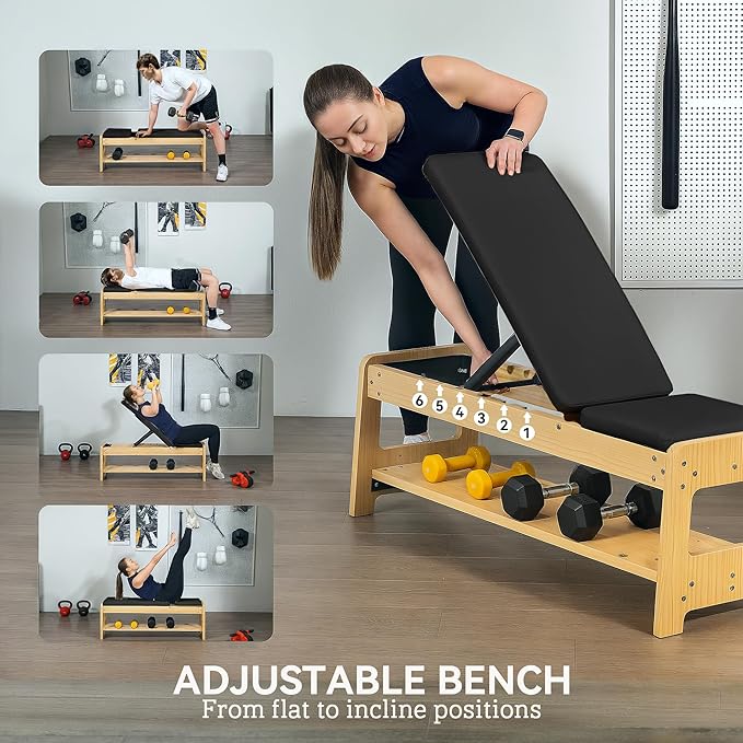 Soozier Adjustable Weight Bench with Dumbbell Rack, Wooden Workout Bench, Flat or Incline Bench for Home Gym Weight Lifting Training