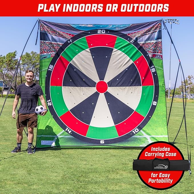GoSports 10 FT Chip N' Stick Soccer Darts - Giant Kick Darts Game for Kids & Adults - Includes 4 Sticky Soccer Balls, Tote Bag, & Carry Case
