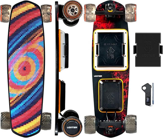Pixel Mini Electric Skateboard with Remote, 2 × 600W Motors, 28Mph Top Speed, 4 Speed Smooth Braking, Suitable for Adults and Teens Beginners, LED Screen Electric Skateboards