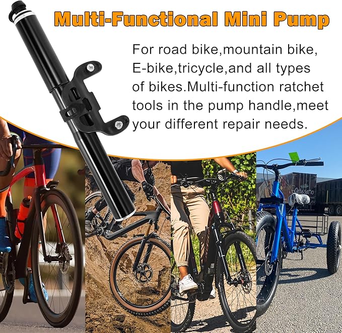 RUTU Bike Pump Portable - Mini Bike Pump 120PSI - Made of 6061 CNC Aluminum Alloy - Compatible with Presta & Schrader Valves - Includes Bike Frame Mount & Tire Repair Kit