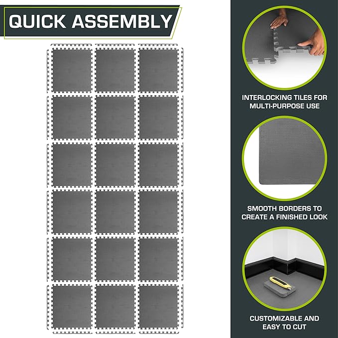 ProsourceFit Extra Thick Puzzle Exercise Mat , EVA Foam Interlocking Tiles for Protective, Cushioned Workout Flooring for Home and Gym Equipment, Grey - 1 inch - 72 Sq Ft - 18 Tiles
