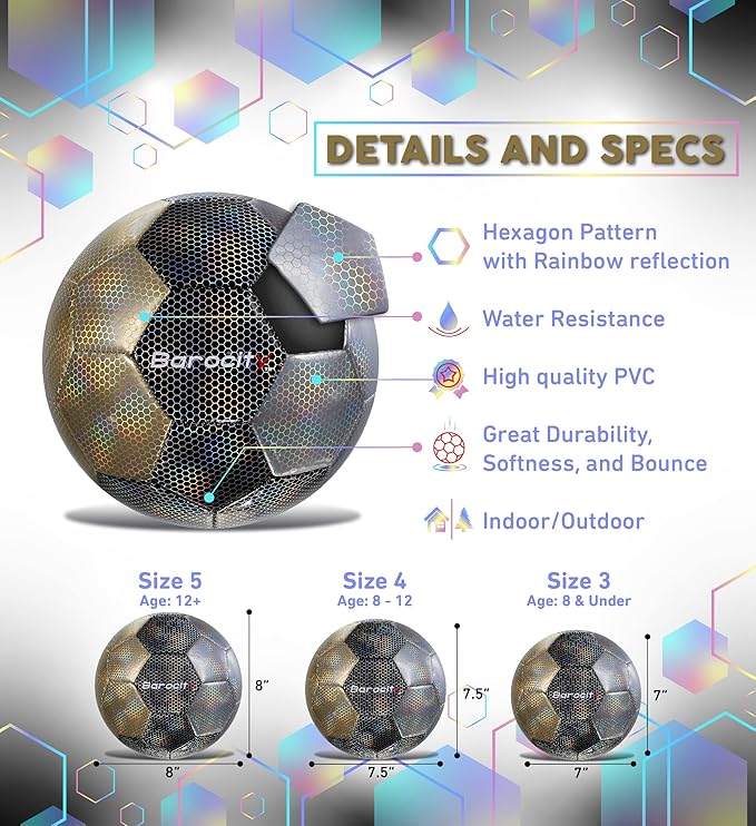 Soccer Ball - Premium Boy and Girl Official Match Ball with Cool Reflective Iridescent Rainbow Hex Pattern, Durable, Indoor, Outdoor, Training, Practice, Playtime and Games