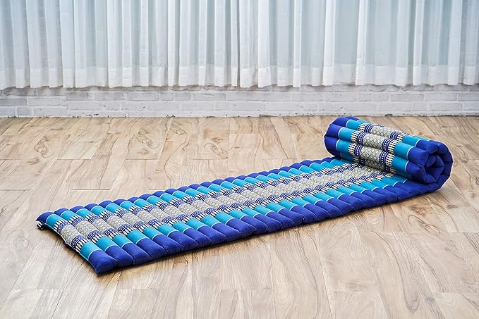 Leewadee - Foldable Floor Mattress - Japanese Roll Up Futon -Trifold Tatami Mat- Guest Floor Bed - Camping Mattress - Thai Massage Mat, Kapok Filled, 75 x 20 inches, Blue
