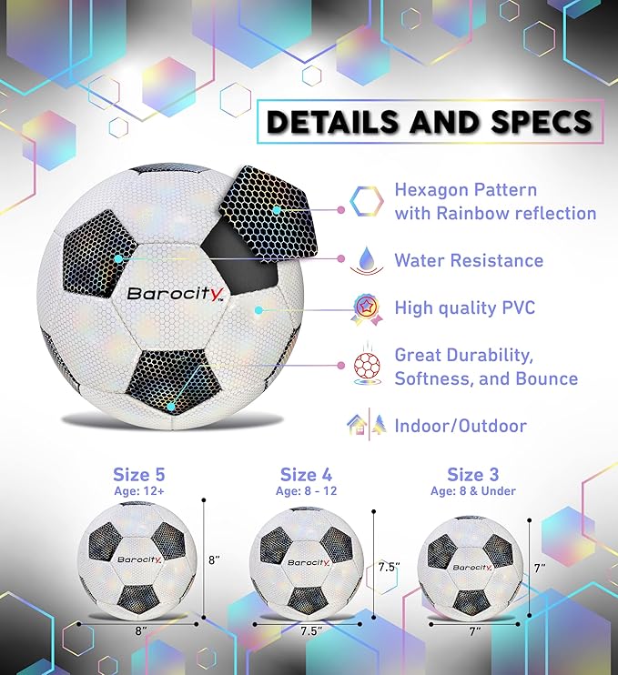 Soccer Ball - Premium Boy and Girl Official Match Ball with Cool Reflective Iridescent Rainbow Hex Pattern, Durable, Indoor, Outdoor, Training, Practice, Playtime and Games