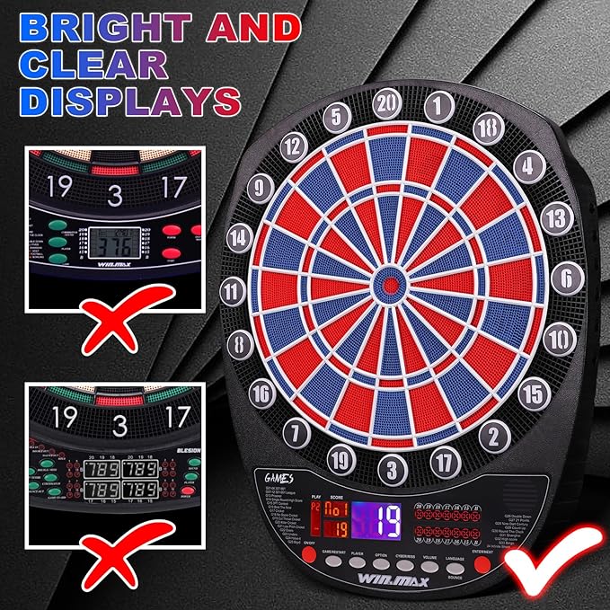 WIN.MAX Electronic Dart Board Soft Tip Dartboard Set LED Displays 3 Languages with 12 Darts 100 Tips Power Adapter