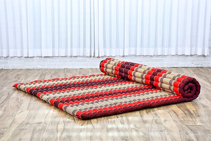 Leewadee - Foldable Floor Mattress - Japanese Roll Up Futon -Trifold Tatami Mat- Guest Floor Bed - Camping Mattress - Thai Massage Mat, Kapok Filled, 75 x 57 inches, Red