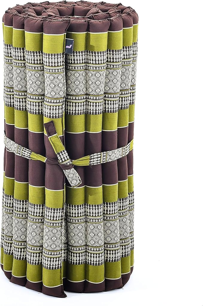Leewadee - Foldable Floor Mattress - Japanese Roll Up Futon -Trifold Tatami Mat- Guest Floor Bed - Camping Mattress - Thai Massage Mat, Kapok Filled, 75 x 28 inches, Brown Green
