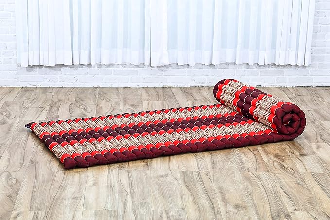 Leewadee - Foldable Floor Mattress - Japanese Roll Up Futon -Trifold Tatami Mat- Guest Floor Bed - Camping Mattress - Thai Massage Mat, Kapok Filled, 75 x 28 inches, Red