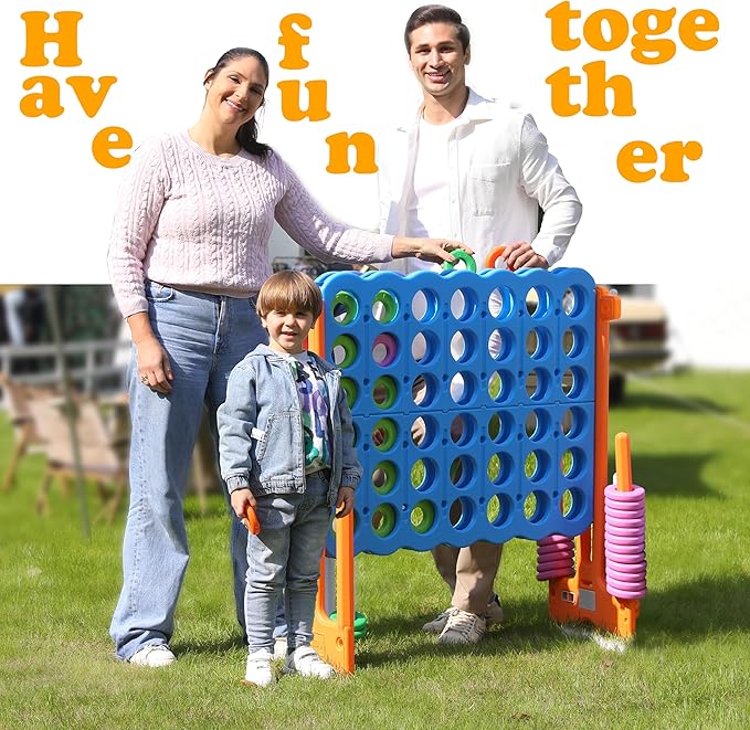 SDADI Height Adjustable Giant 4 in a Row Connect Game, 2-in-1 Jumbo 4-to-Score Game with Ring Toss Game Set, Indoor Outdoor Yard Game Party Game for Kids Adults and Family, Orange