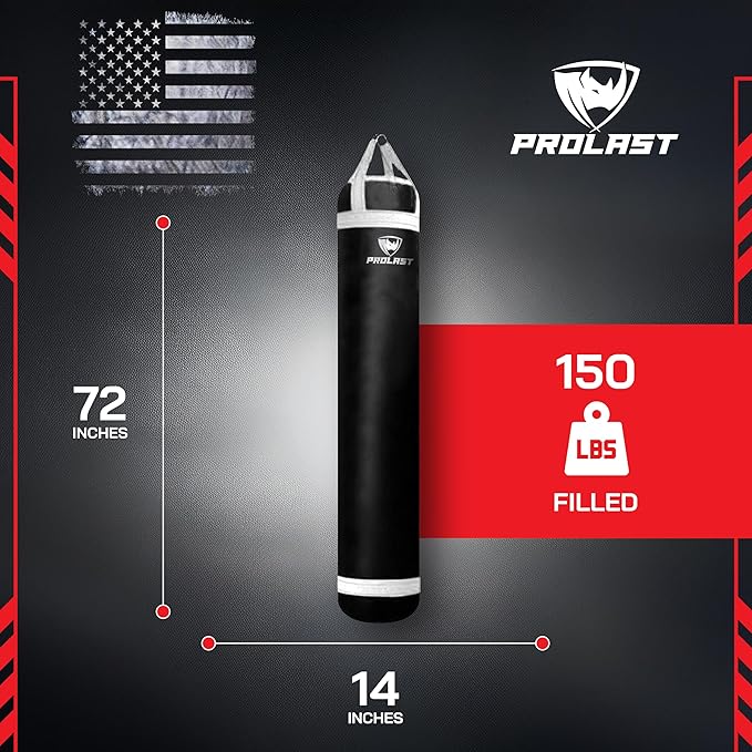 PROLAST Heavy Punching Kicking Bag for Adults, Boxing, MMA, Martial Arts, Muay Thai, Strength Training Equipment, Filled, 6ft, 150 lbs, Colored Trim Strap, Rhino Logo