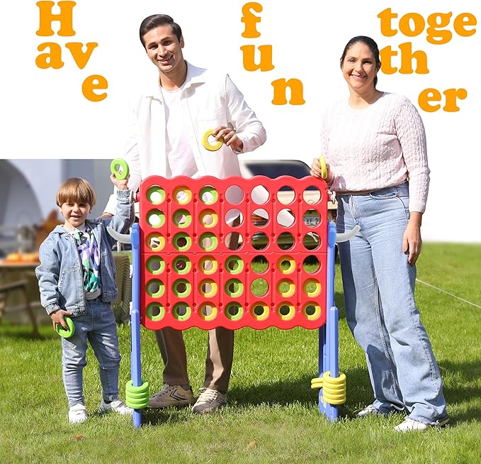 SDADI Height Adjustable Giant 4 in a Row Connect Game, 2-in-1 Jumbo 4-to-Score Game with Ring Toss Game Set, Indoor Outdoor Yard Game Party Game for Kids Adults and Family, Blue