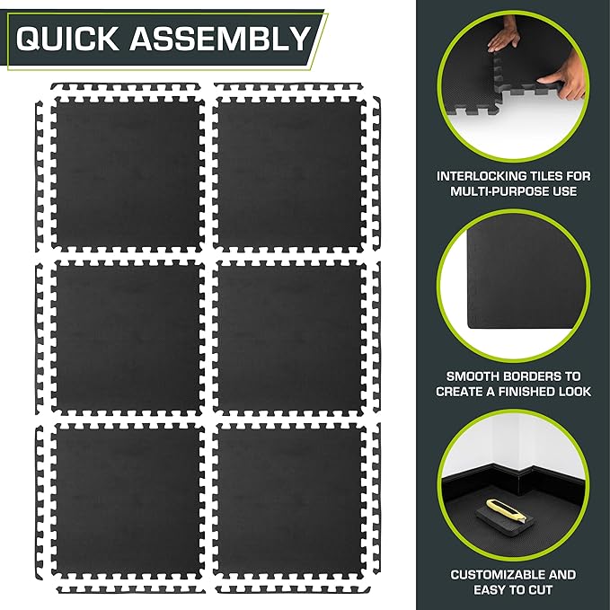 ProsourceFit Extra Thick Puzzle Exercise Mat , EVA Foam Interlocking Tiles for Protective, Cushioned Workout Flooring for Home and Gym Equipment, Black - 3/4 inch - 24 Sq Ft - 6 Tiles