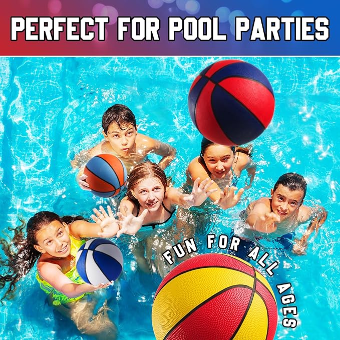 Rubber Mini Basketballs 7 Inch, Size 3 (Pack of 4) - Pool Basketball for Kids in Assorted Colors Indoor & Outdoor, Boys & Girls, for Small Hoops, Game Prizes, Arcade Games, with Pump