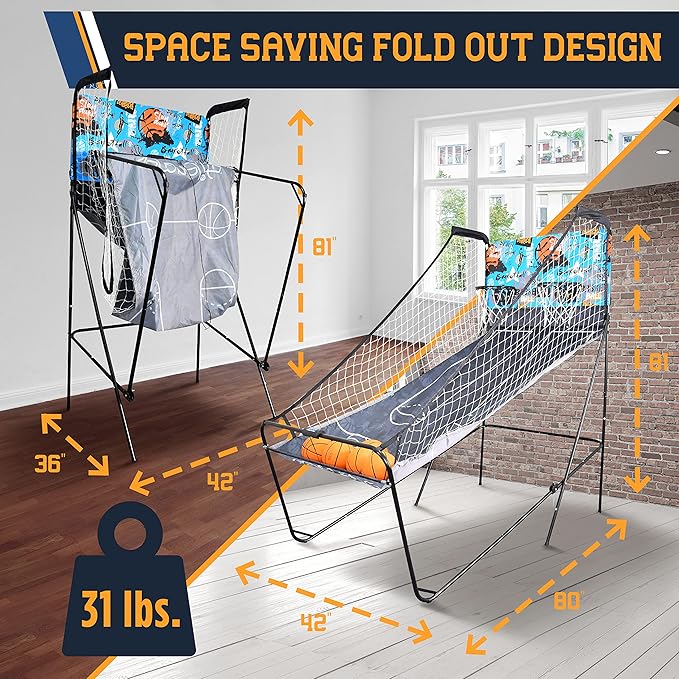 SereneLife Dual Hoop Basketball Shootout Indoor Home Arcade Room Game with Electronic LED Double Basketball Shot Scoreboard & Play Timer, Fold-up Court Shooting Sports for Kids&Adults Player