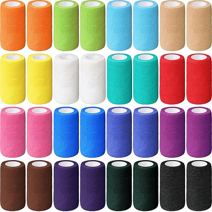 Treela 64 Pack 4" x 5 Yards Self Adhesive Cohesive Bandage Wraps, Elastic Breathable Athletic Tape, Flexible Self Adherent Bandage Rolls for Wrist, Ankle, Fingers, Sports & Pets (Multi Color)