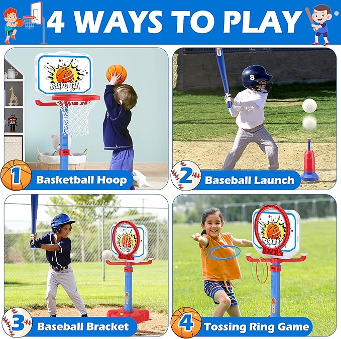 4 in 1 Toddler Basketball Hoop and T Ball Set, Toss Ring Game Kids Toys, Adjustable Height Kids Basketball Hoop Pool Toys Indoor Outdoor Sports, Gifts for Boys Girls Outdoor Toys for Toddlers 3-5 2-4