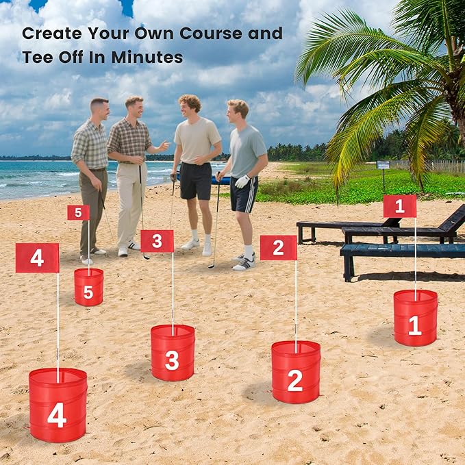 Golf Bucket Yard Game 6-Hole Set with 2 Clubs, Portable Outdoor Yard Game for Family and Adults, Golf Chipping Practice for Lawn, Beach, Camping, Park