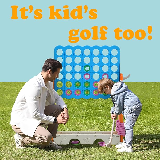 SDADI Height Adjustable 3-in-1 Giant 4 in a Row Connect Game, Jumbo 4-to-Score Game with Golf Game and Ring Toss Set, Indoor Outdoor Yard Game Party Game for Kids Adults and Family, Orange