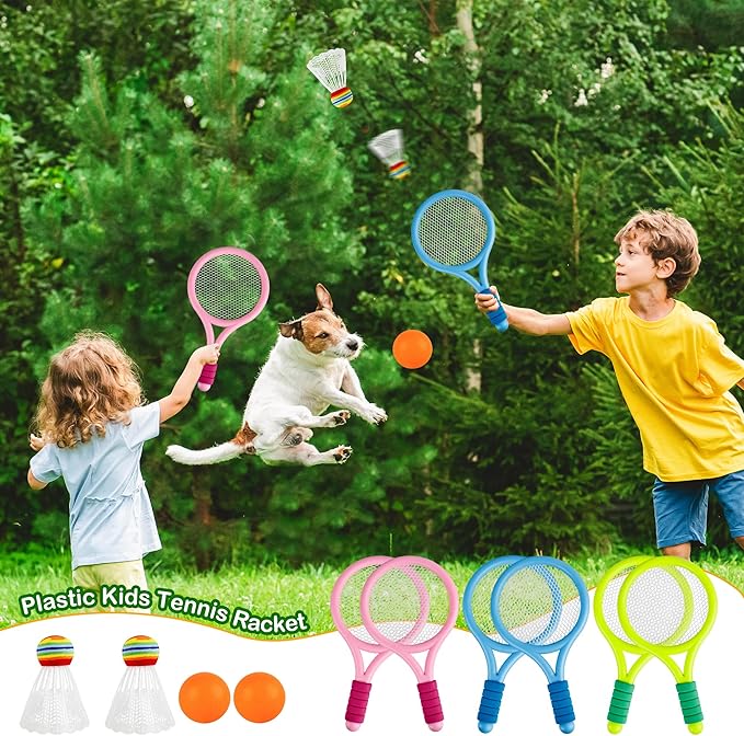 12 Pcs Plastic Kids Tennis Racket Set with 6 Pcs Tennis Balls and 6 Shuttlecocks Training Balls Badminton Paddle Racket Toy for Children Toddler Outdoor Indoor Beach Sports Gifts