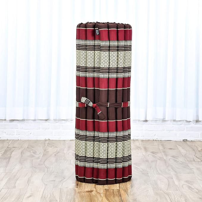 Leewadee - Kapok Roll Mat – Handcrafted Folding Sleep & Relaxation Mattress from Thailand, Ideal as Guest Bed, Camping Mat, Yoga Mat or Traditional Futon, 75 x 39 inches, Brown Red