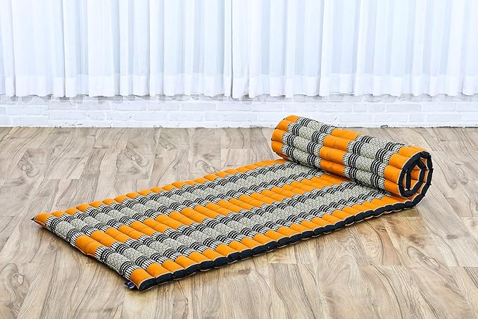 Leewadee - Foldable Floor Mattress - Japanese Roll Up Futon -Trifold Tatami Mat- Guest Floor Bed - Camping Mattress - Thai Massage Mat, Kapok Filled, 75 x 28 inches, Black Orange