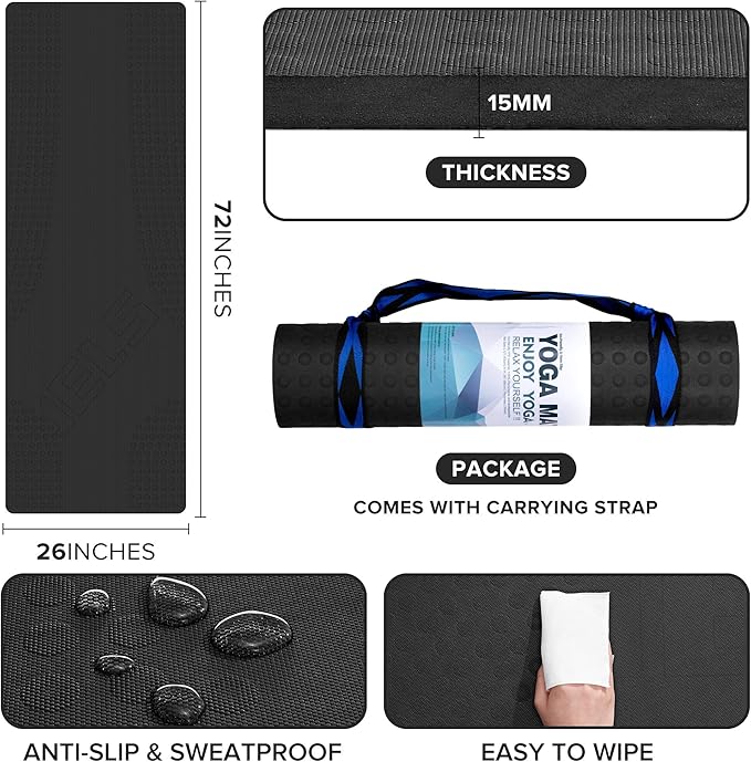 JELS Extra Thick Yoga Mat, 2/5 inch, Ergonomic 3D Non Slip Design, SGS Certified TPE Material, Yoga Mat for Men Women with Carrying Strap,Exercises Mat for Yoga, Pilates and Floor Workout(72"x26")…