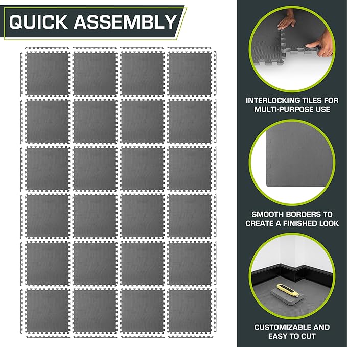 ProsourceFit Extra Thick Puzzle Exercise Mat, EVA Foam Interlocking Tiles for Protective, Cushioned Workout Flooring for Home and Gym Equipment, Grey - 3/4 inch - 96 Sq Ft - 24 Tiles