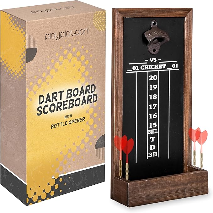 Play Platoon Dart Scoreboard & Darts Holder Wall Mount with Bottle Opener - Wood Score Board, Professional Darts Accessories, Dart Holder
