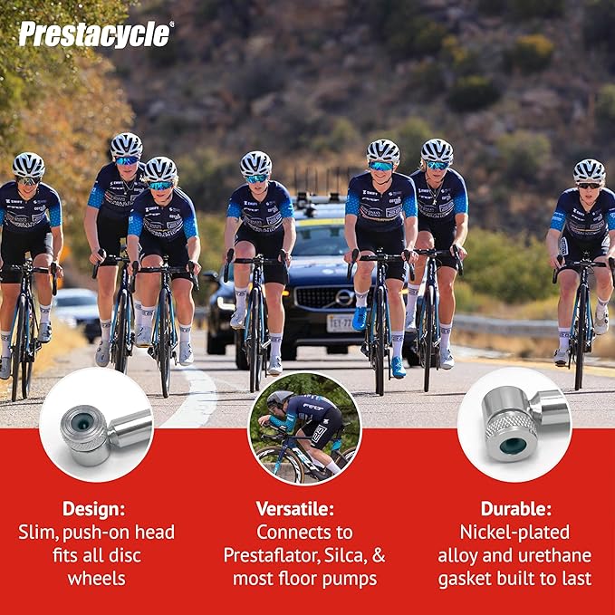 Prestacycle Disc Wheel Mini Presta Head – Compact Alloy Presta Valve Adapter with Urethane Gasket – For Prestaflator & Floor Pumps – Fits All Disc Wheels – Schrader Thread Compatible