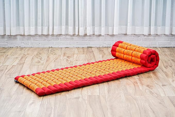 Leewadee - Foldable Floor Mattress - Japanese Roll Up Futon -Trifold Tatami Mat- Guest Floor Bed - Camping Mattress - Thai Massage Mat, Kapok Filled, 75 x 20 inches, Orange Red