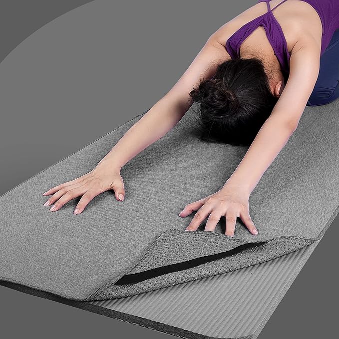 POLYTE Microfiber Hot Yoga Towel Mat with Non-Slip Silicone Grip and Secure Fit Elastic Straps, 24 x 72 in (Gray)
