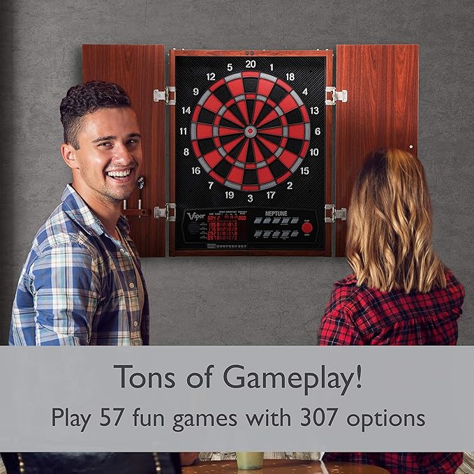 Viper by GLD Products Neptune Electronic Dartboard Cabinet Combo Pro Size Over 55 Games Large Auto-Scoring LCD Cricket Display Extended Dart Catch Area 16 Player Multiplayer with Soft Tip Darts and Power Adapter , 21.5" L x 26.5" W x 3.5" H