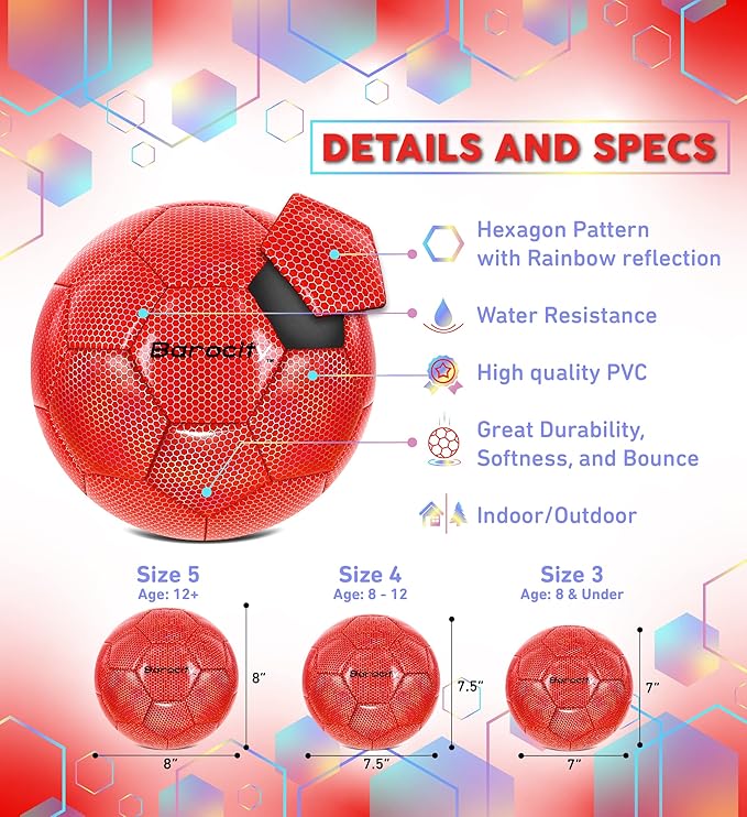 Soccer Ball - Premium Boy and Girl Official Match Ball with Cool Reflective Iridescent Rainbow Hex Pattern, Durable, Indoor, Outdoor, Training, Practice, Playtime and Games