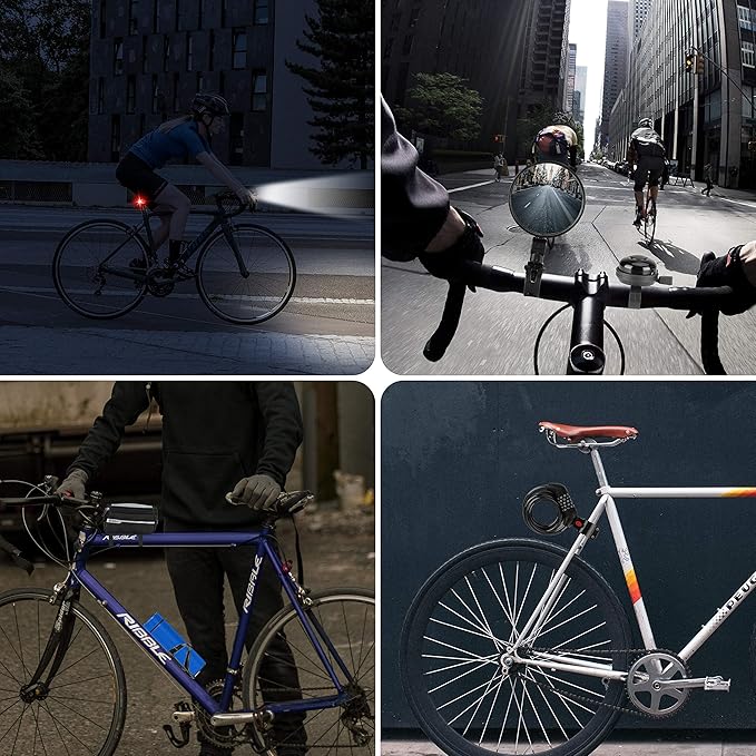 8 Pack Bicycle Accessories, Bike Light Set USB Rechargeable, 1 Bike Water Bottle Holder, Bicycle Bag and 1 Bike Aluminum Bicycle Bell,Pump