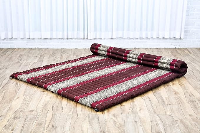 Leewadee - Foldable Floor Mattress - Japanese Roll Up Futon -Trifold Tatami Mat- Guest Floor Bed - Camping Mattress - Thai Massage Mat, Kapok Filled, 75 x 57 inches, Brown Red