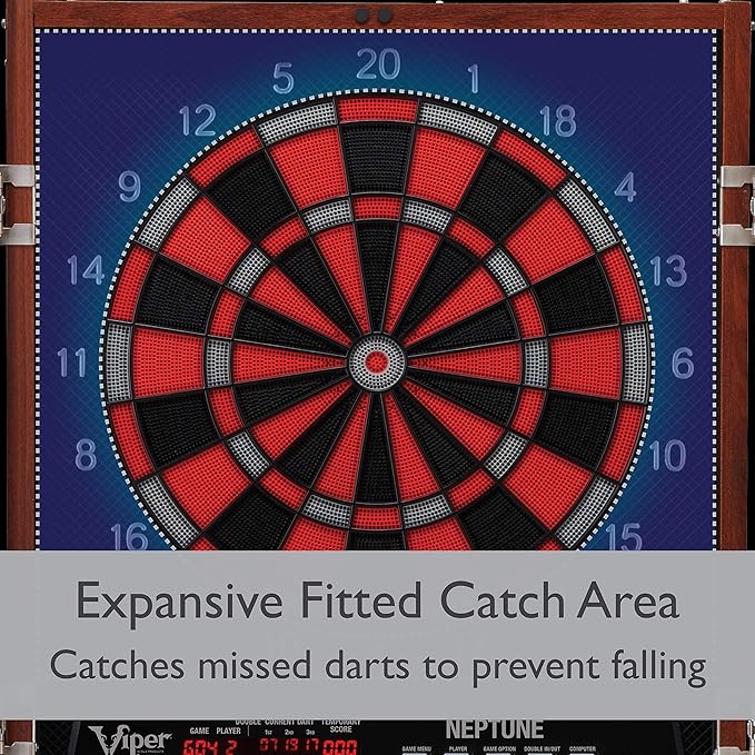 Viper by GLD Products Neptune Electronic Dartboard Cabinet Combo Pro Size Over 55 Games Large Auto-Scoring LCD Cricket Display Extended Dart Catch Area 16 Player Multiplayer with Soft Tip Darts and Power Adapter , 21.5" L x 26.5" W x 3.5" H
