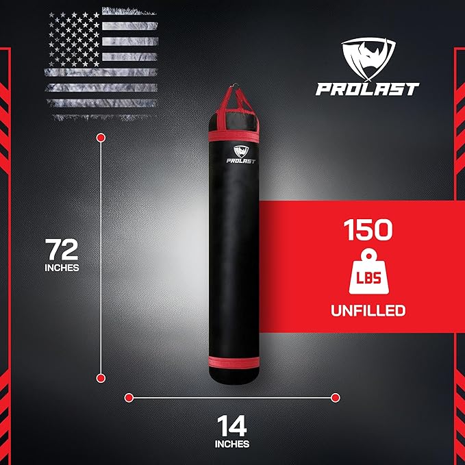 PROLAST Heavy Punching Kicking Bag for Adults, Boxing, MMA, Martial Arts, Muay Thai, Strength Training Equipment, Filled, 6ft, 150 lbs, Colored Trim Strap, Rhino Logo